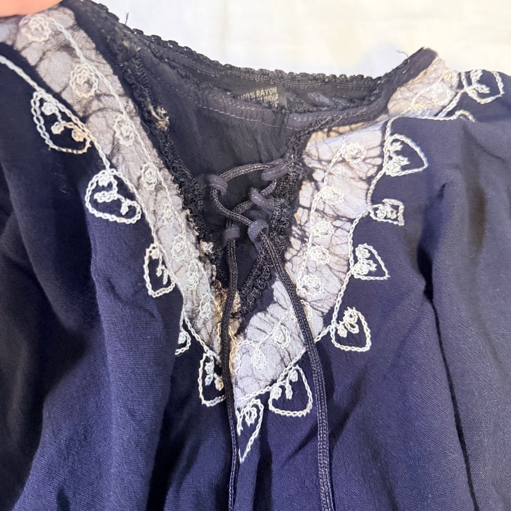 S.R. Fashion Black Boho Paisley Embroidered Batik Lace Up Tunic Top Free Size - Picture 5 of 5